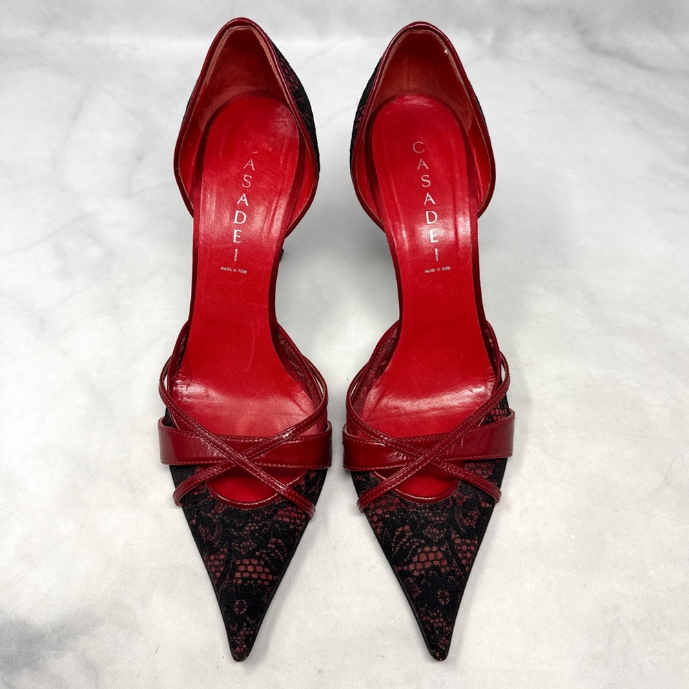 CASADEI Vintage Y2K Leather Lace Pointed Toe Stiletto Heel Pumps Gothic Red 9